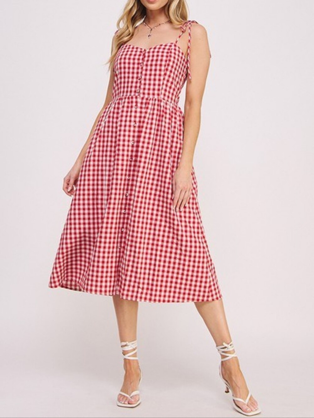 Tie-Shoulder Gingham Midi Dress - Red